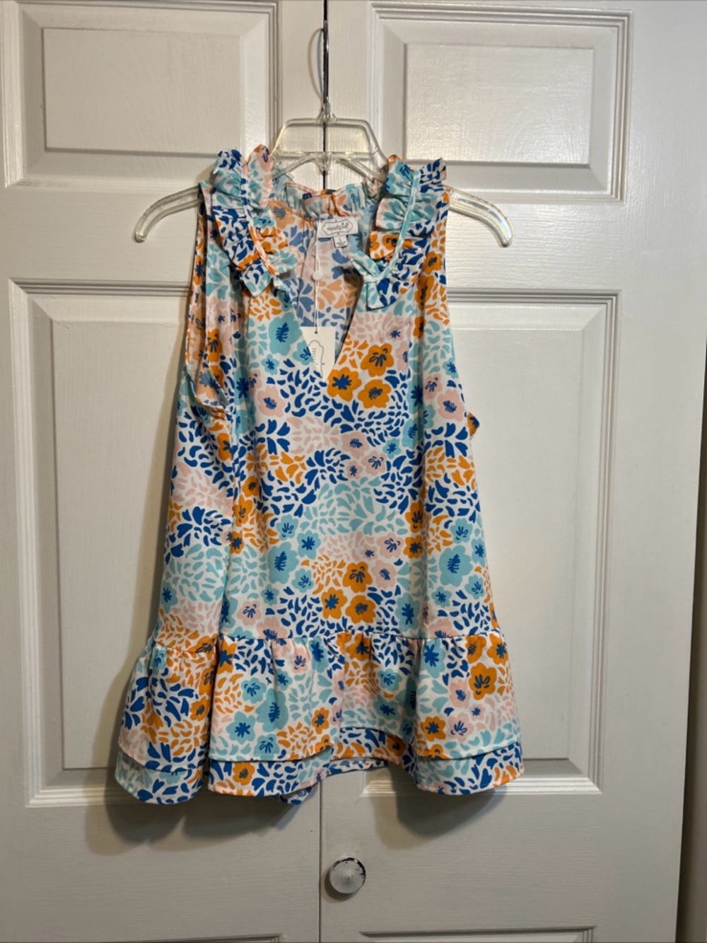 NWT Mud Pie Multicolor Floral Ruffle Accent Sleeveless Flounce Top Size L Large